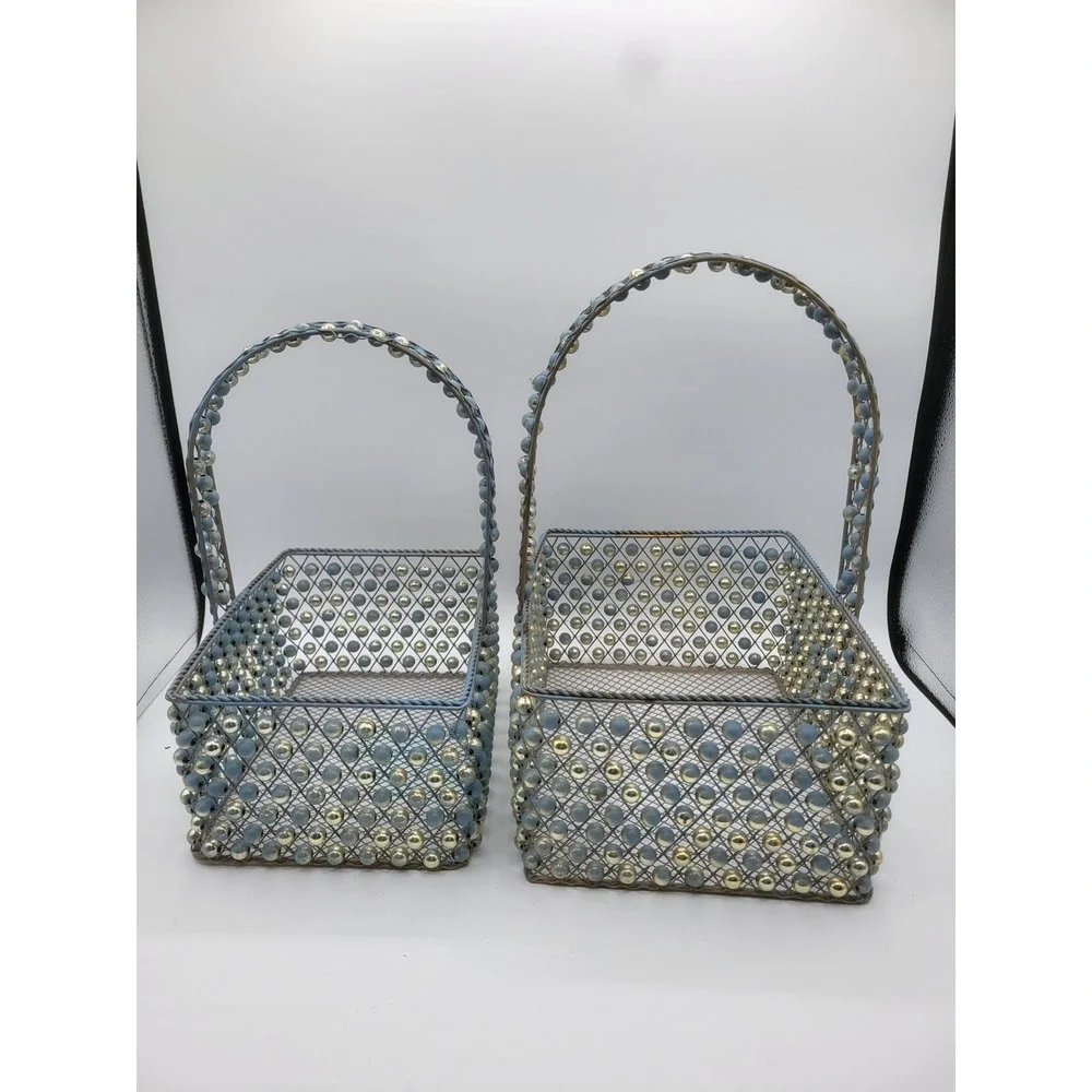 Vintage Beaded Wire Mesh Basket Set 2pc Blue Gold Cottagecore Decorative Storage
